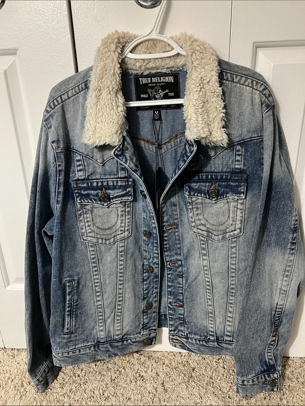 True Religion Light Blue Denim Jacket with Cream Sherpa Collar